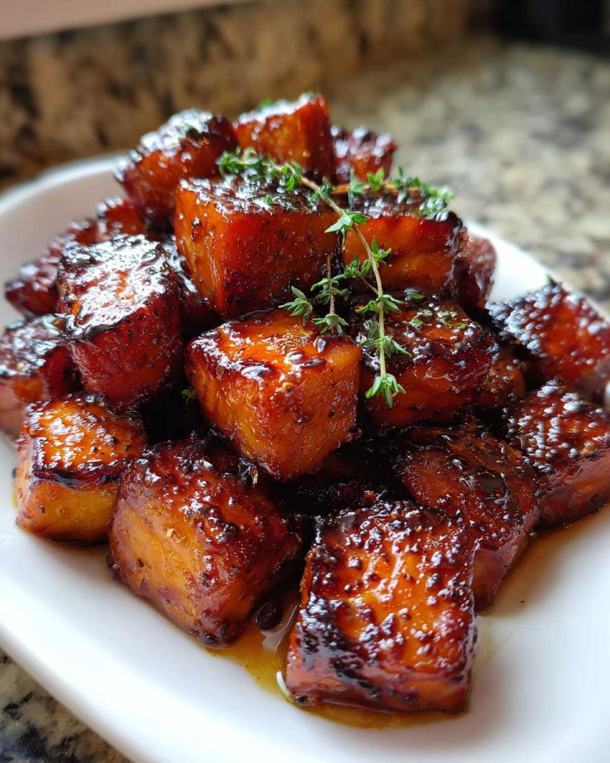 A pile of glossy, caramelized Honey Garlic Salmon Bites garnished with fresh thyme sprigs.