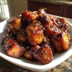 Close-up of glistening Honey Garlic Salmon Bites with caramelized edges and sesame seeds piled in a white bowl.