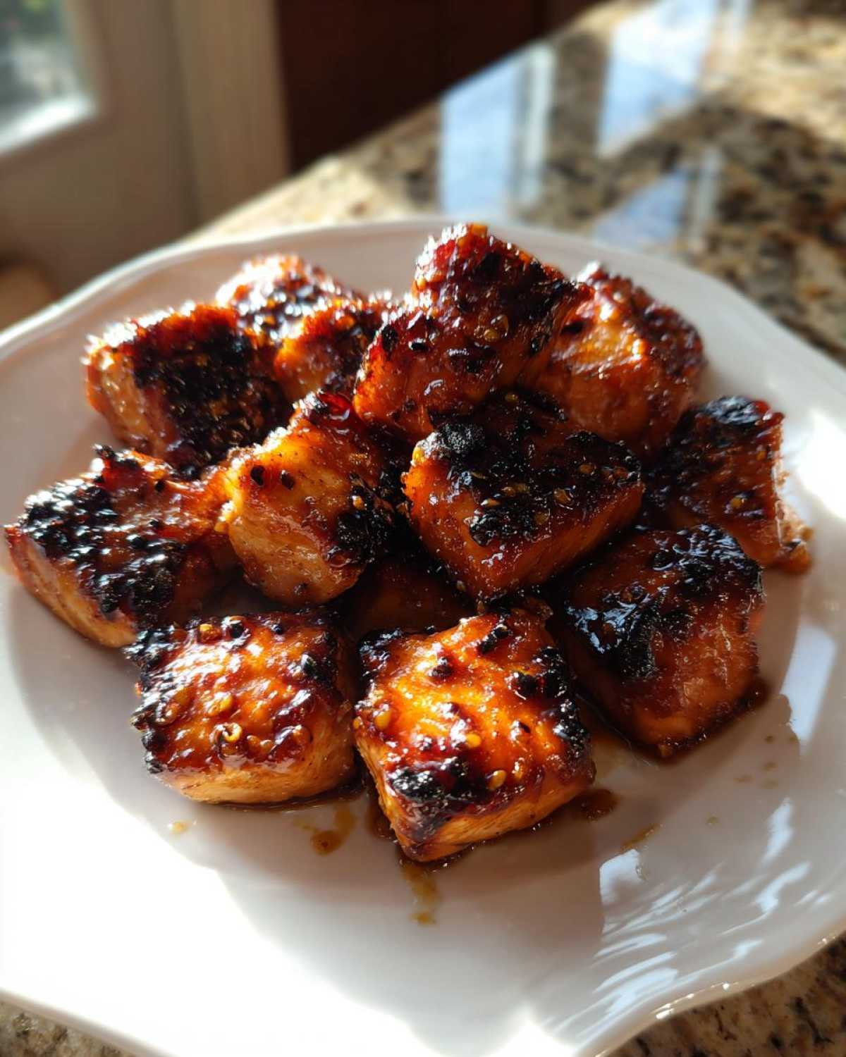 A pile of glistening Honey Garlic Salmon Bites with dark caramelized edges served on a white plate.