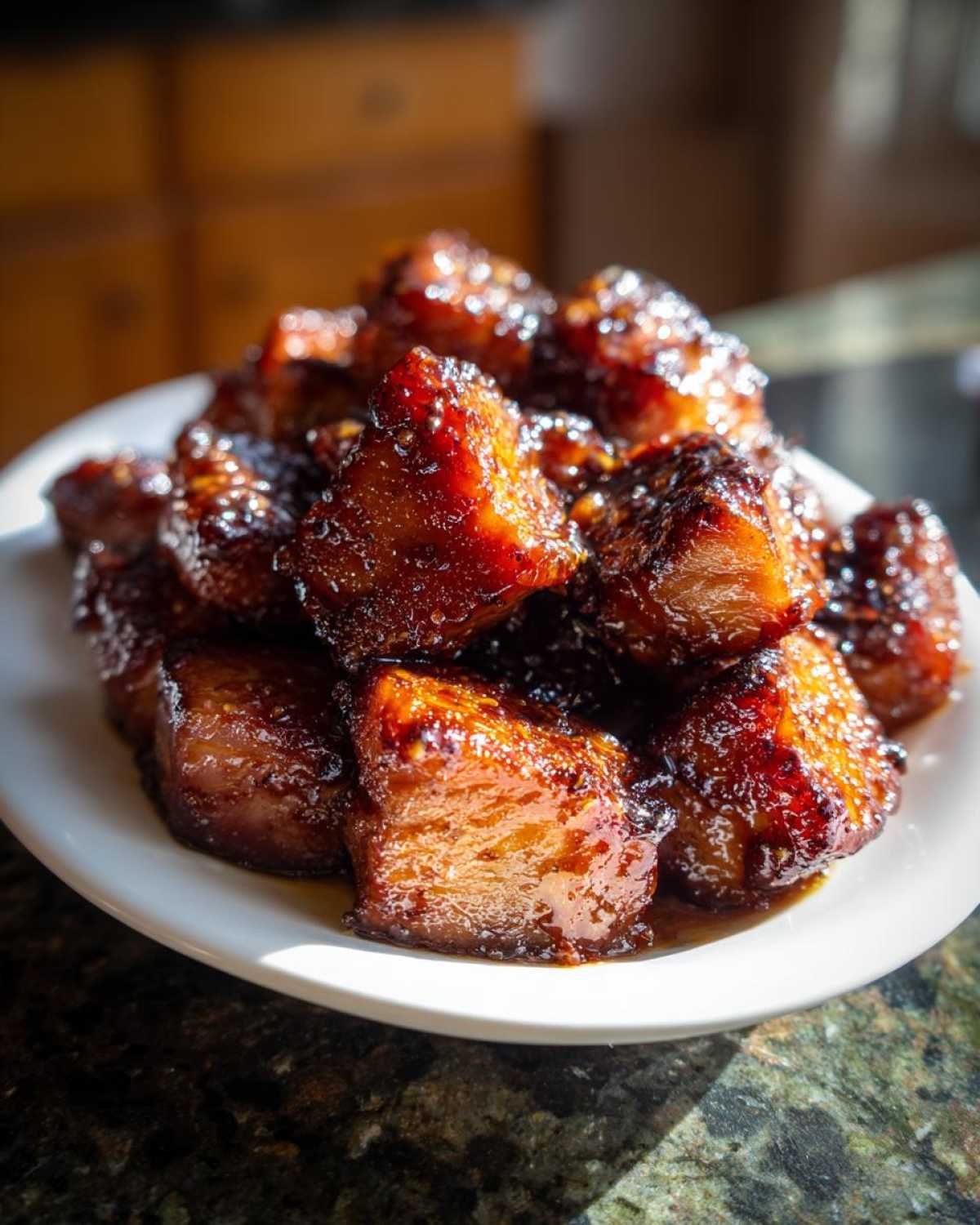 Close-up of glistening Honey Garlic Salmon Bites with deeply caramelized edges piled high on a white plate.