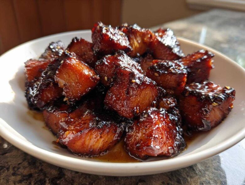 Close-up of shiny, caramelized Honey Garlic Salmon Bites piled on a white plate.