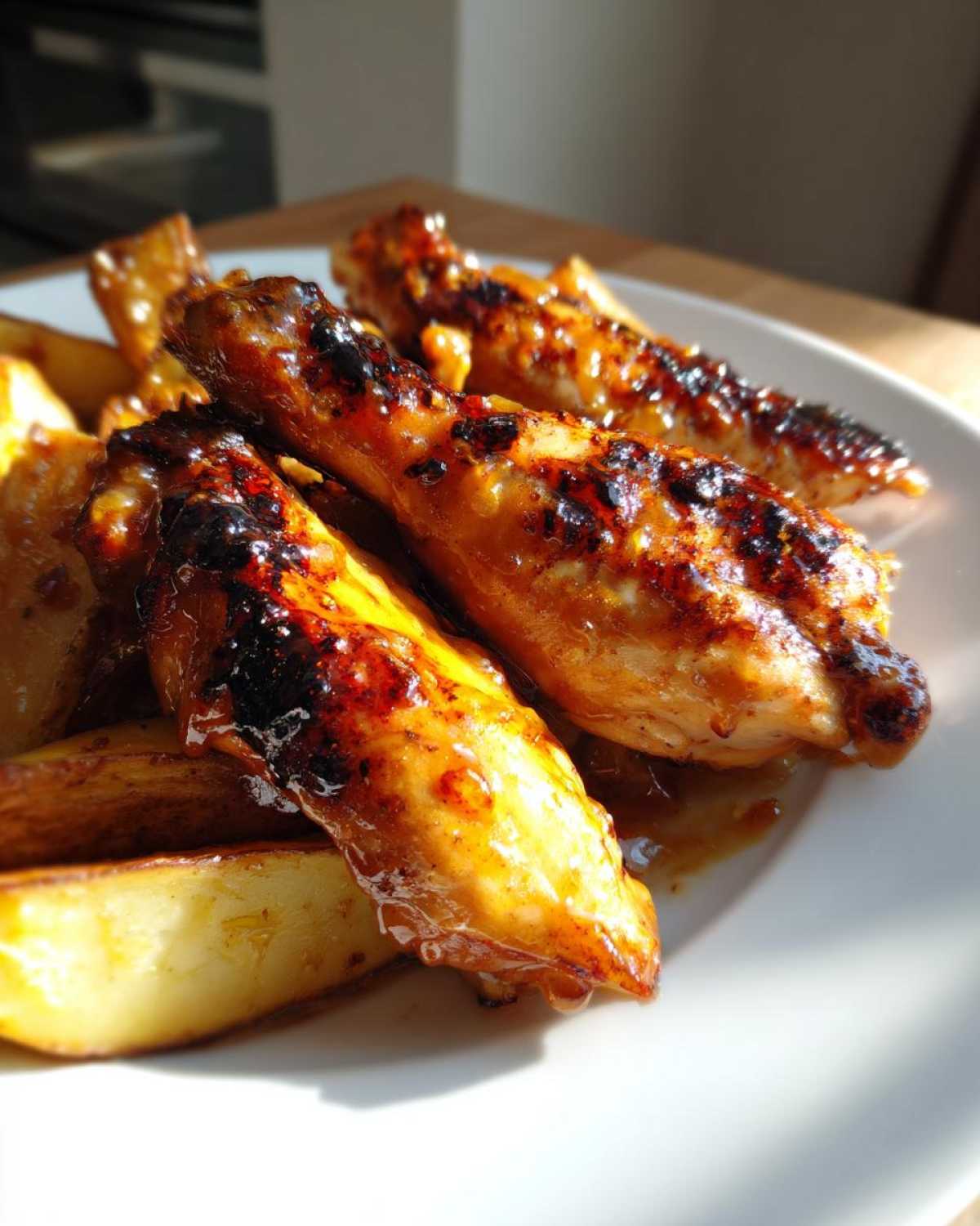 Close-up of glazed, slightly charred chicken pieces served over roasted potato wedges in a Honey Mustard Chicken Bake.