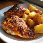 Two pieces of glazed Honey Mustard Chicken Bake with Potatoes, glistening with sauce and spices on a white plate.
