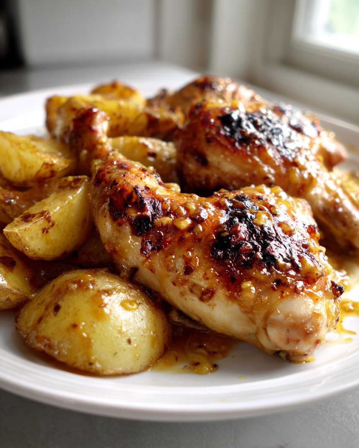 Close-up of glazed chicken pieces and roasted potatoes from the Honey Mustard Chicken Bake with Potatoes.