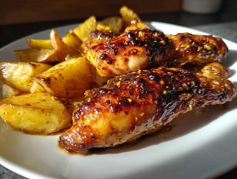 Close-up of glazed chicken drumsticks and roasted potatoes from Honey Mustard Chicken Bake with Potatoes.