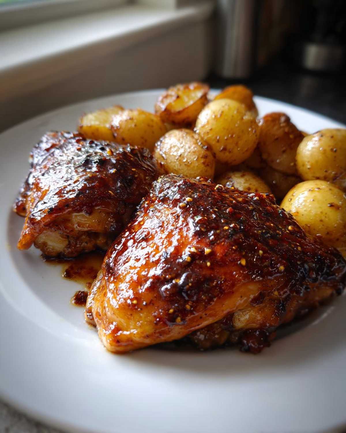 Two pieces of glazed chicken thighs served with roasted potatoes from the Honey Mustard Chicken Bake with Potatoes.