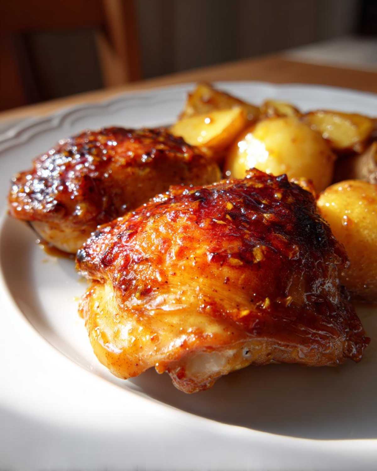 Close-up of two glazed chicken thighs served with roasted potatoes from the Honey Mustard Chicken Bake with Potatoes.