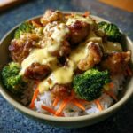 Close-up of a Honey Mustard Chicken Bowl featuring crispy chicken pieces drizzled with creamy sauce over rice, broccoli, and shredded carrots.