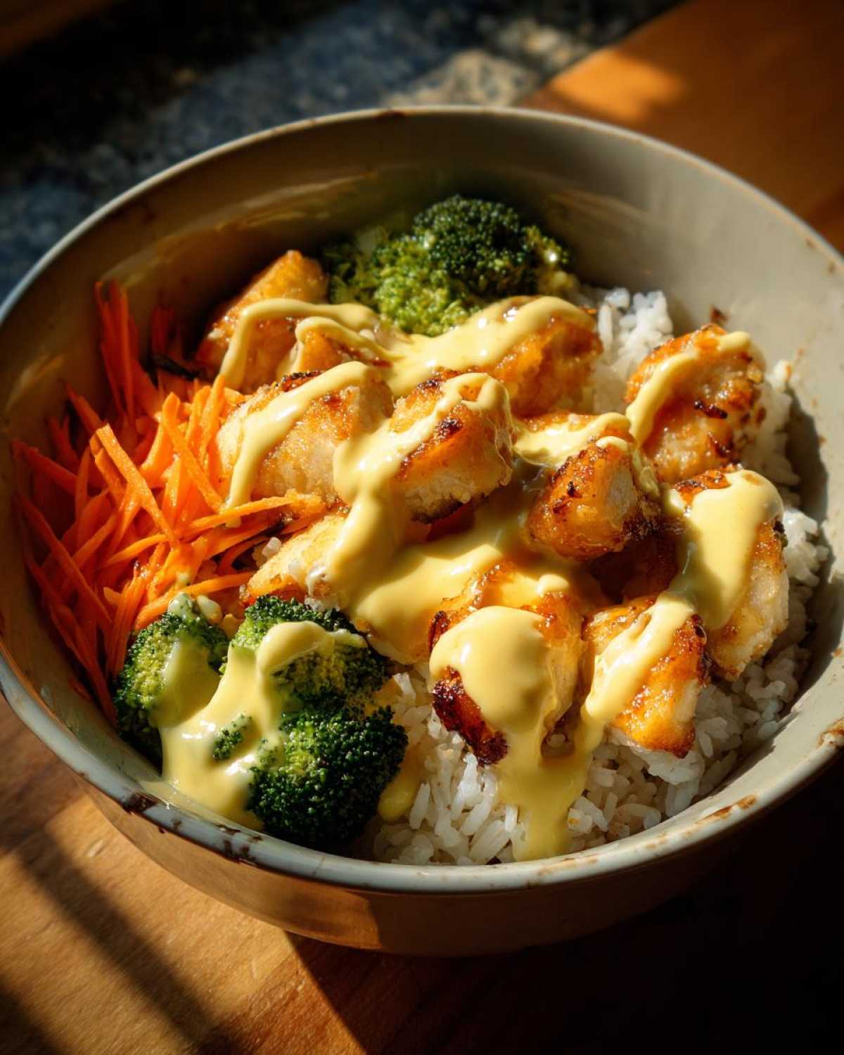 Close-up of a Honey Mustard Chicken Bowl featuring crispy chicken, rice, broccoli, carrots, and a generous drizzle of creamy sauce.