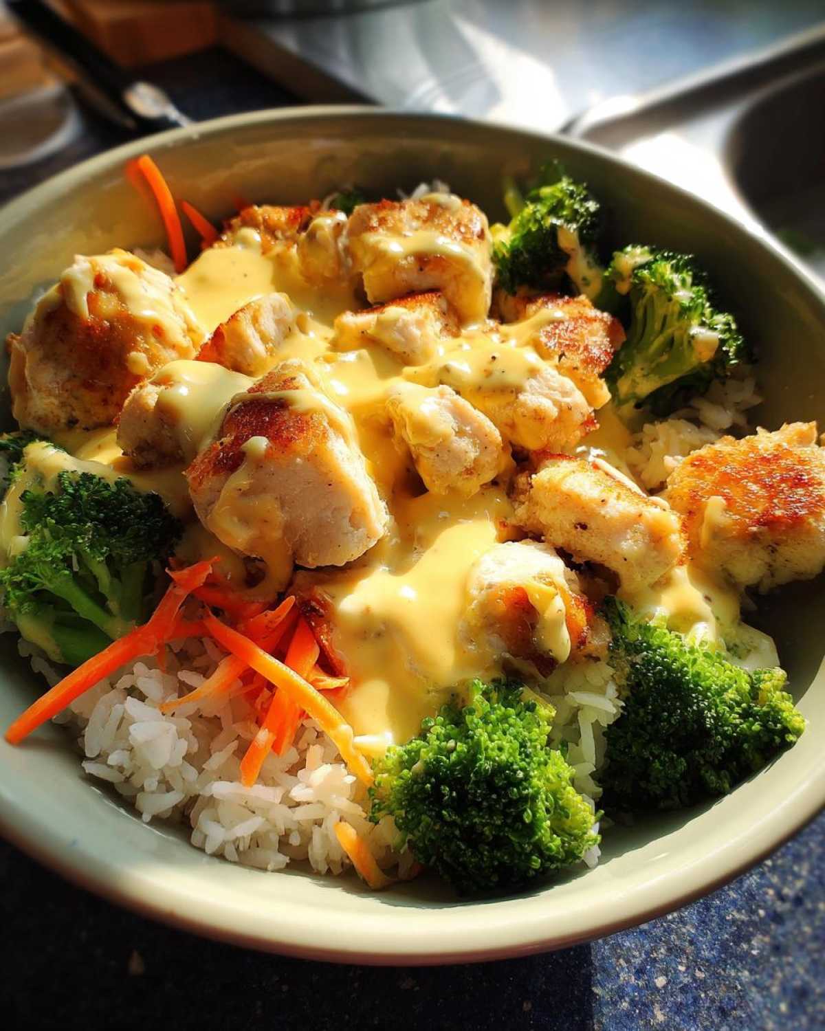 A close-up of a Honey Mustard Chicken Bowl featuring rice, broccoli, shredded carrots, and generous amounts of creamy sauce over chicken pieces.