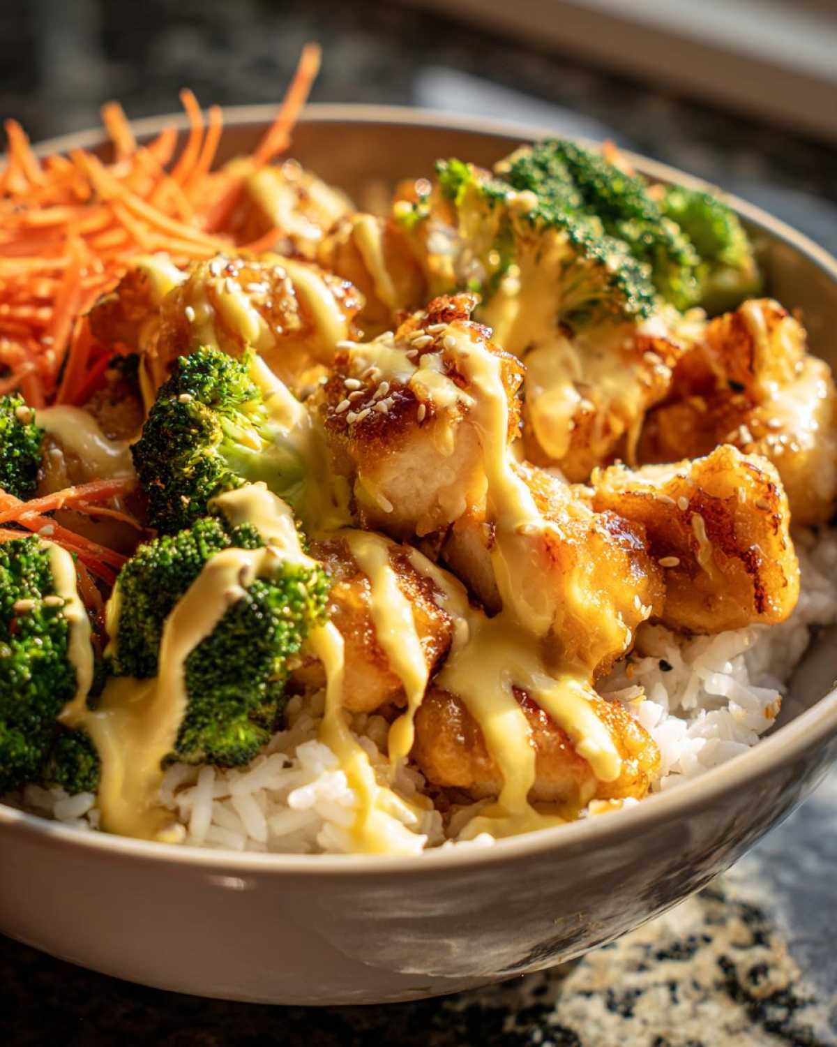 Close-up of a Honey Mustard Chicken Bowl featuring crispy chicken pieces, broccoli, shredded carrots, and drizzled with creamy sauce over rice.