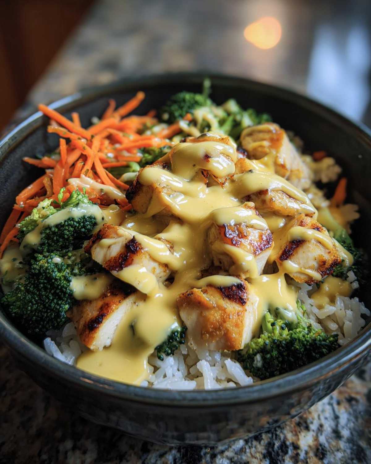Close-up of a Honey Mustard Chicken Bowl featuring grilled chicken, rice, broccoli, carrots, and creamy sauce.