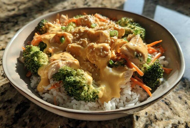 A close-up of a Honey Mustard Chicken Bowl featuring chicken pieces, broccoli, carrots, and rice topped with a creamy sauce and sesame seeds.