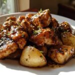 Close-up of glistening Honey Mustard Chicken Skillet with Potatoes coated in a rich, dark glaze and garnished with herbs.