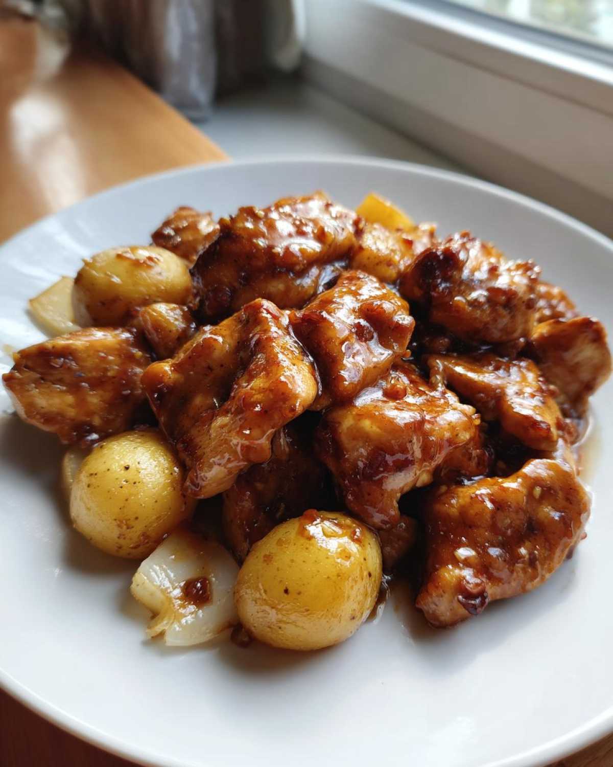 Close-up of Honey Mustard Chicken Skillet with Potatoes, featuring glazed chicken pieces and small roasted potatoes on a white plate.