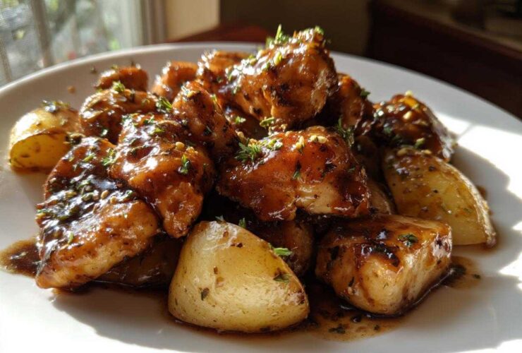 Close-up of glistening Honey Mustard Chicken Skillet with Potatoes coated in a rich, dark glaze and garnished with herbs.