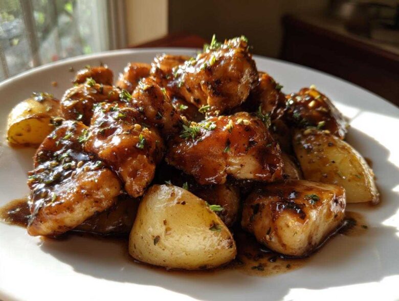 Close-up of glistening Honey Mustard Chicken Skillet with Potatoes coated in a rich, dark glaze and garnished with herbs.