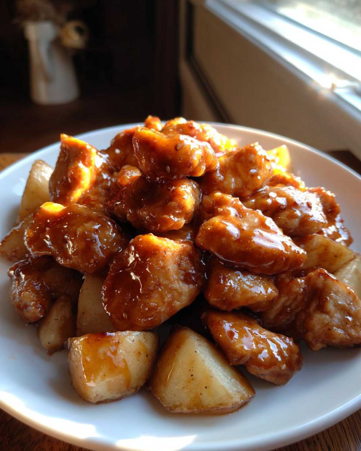 Close-up of bite-sized pieces of Honey Mustard Chicken Skillet with Potatoes coated in a shiny glaze.
