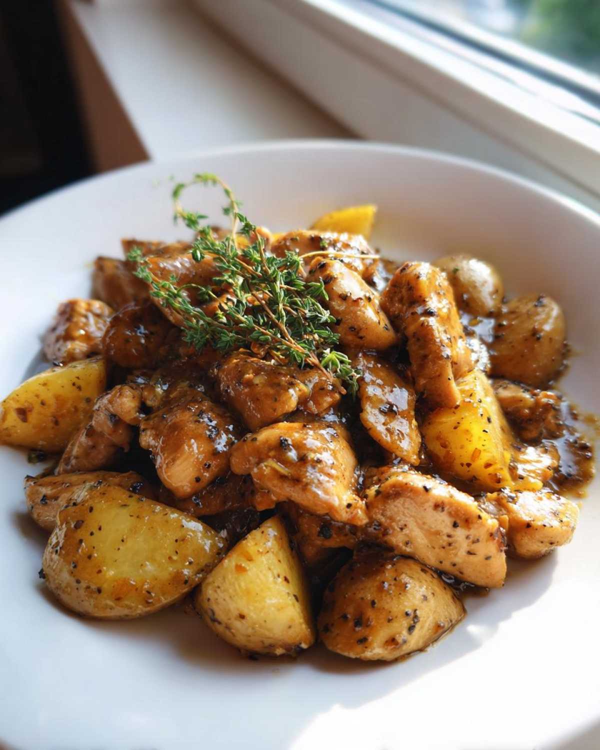 Close-up of Honey Mustard Chicken Skillet with Potatoes coated in a savory sauce and garnished with thyme.