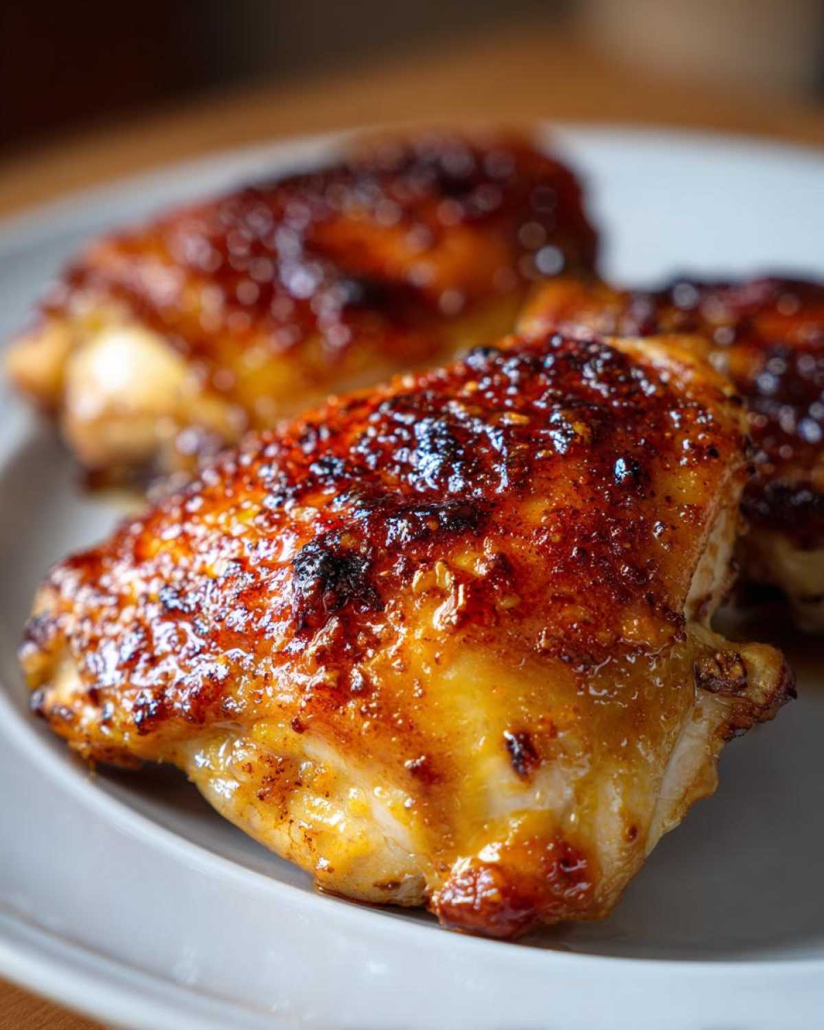 Close-up of crispy, glazed Honey Mustard Chicken Thighs Oven Roasted on a white plate.