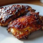 Close-up of perfectly caramelized Honey Mustard Chicken Thighs Oven Roasted on a white plate.