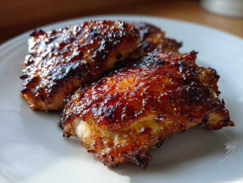 Close-up of perfectly caramelized Honey Mustard Chicken Thighs Oven Roasted on a white plate.