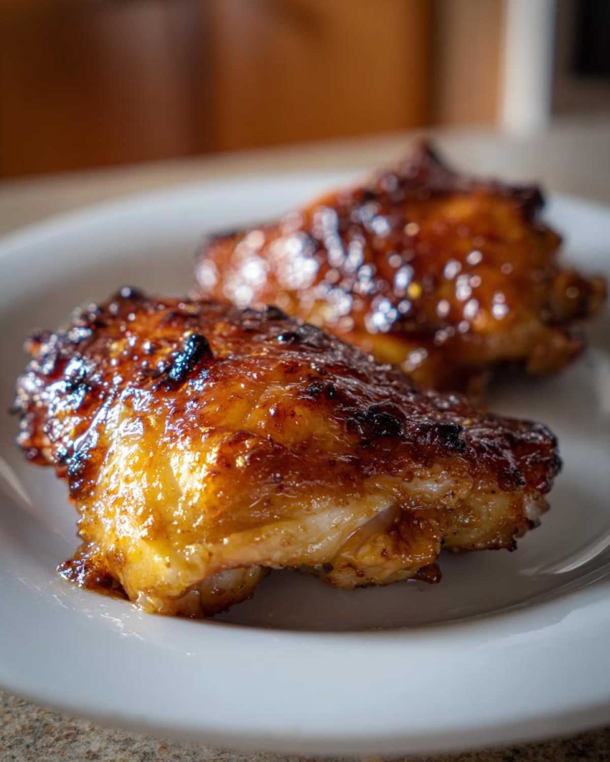 Two perfectly glazed Honey Mustard Chicken Thighs Oven Roasted pieces resting on a white plate.