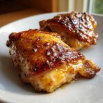 Two perfectly cooked Honey Mustard Chicken Thighs Oven Roasted with crispy, glazed skin on a white plate.