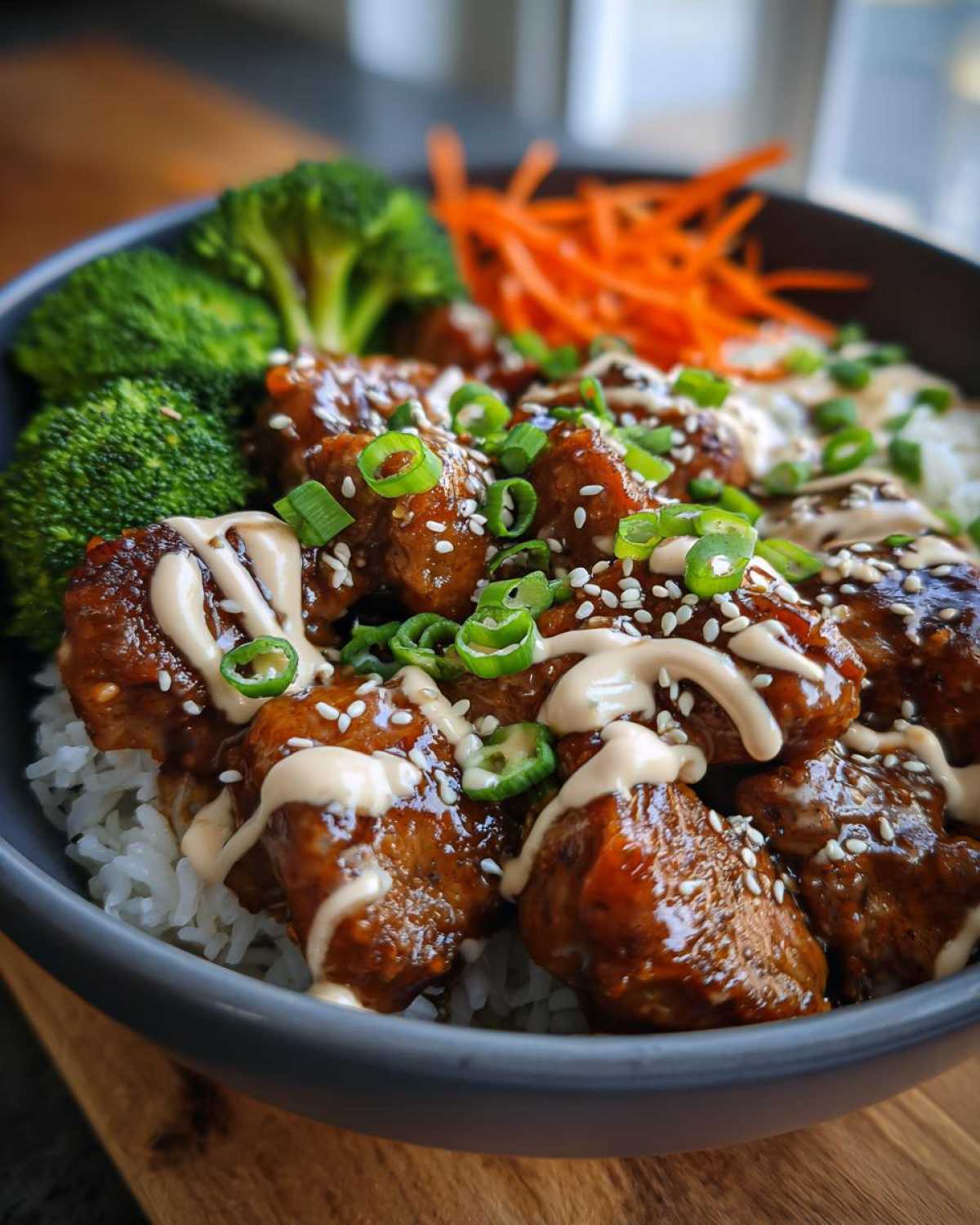 A close-up of a Honey Soy Chicken Bowl featuring glazed chicken pieces over rice, topped with a drizzle of sauce, sesame seeds, and green onions.