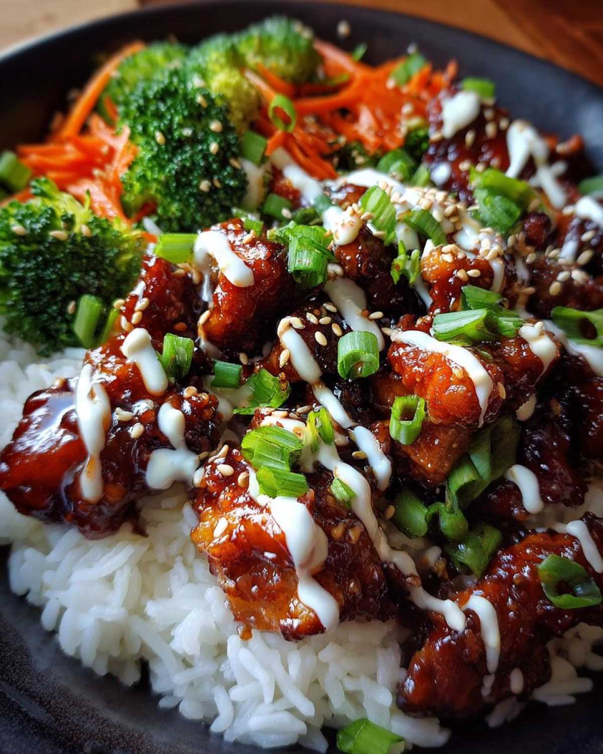 Close-up of crispy Honey Soy Chicken Bowl served over white rice with broccoli, carrots, and drizzled with white garlic sauce.