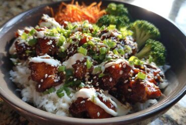 Close-up of a Honey Soy Chicken Bowl featuring glazed chicken pieces over white rice, topped with white sauce, sesame seeds, and green onions.