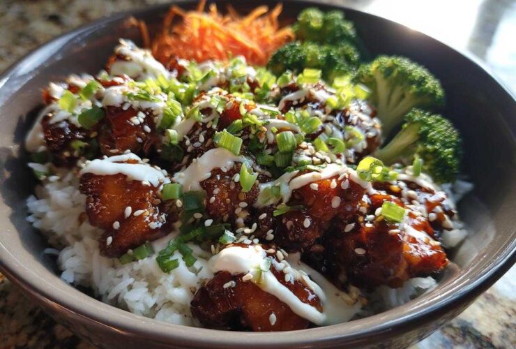 Close-up of a Honey Soy Chicken Bowl featuring glazed chicken pieces over white rice, topped with white sauce, sesame seeds, and green onions.