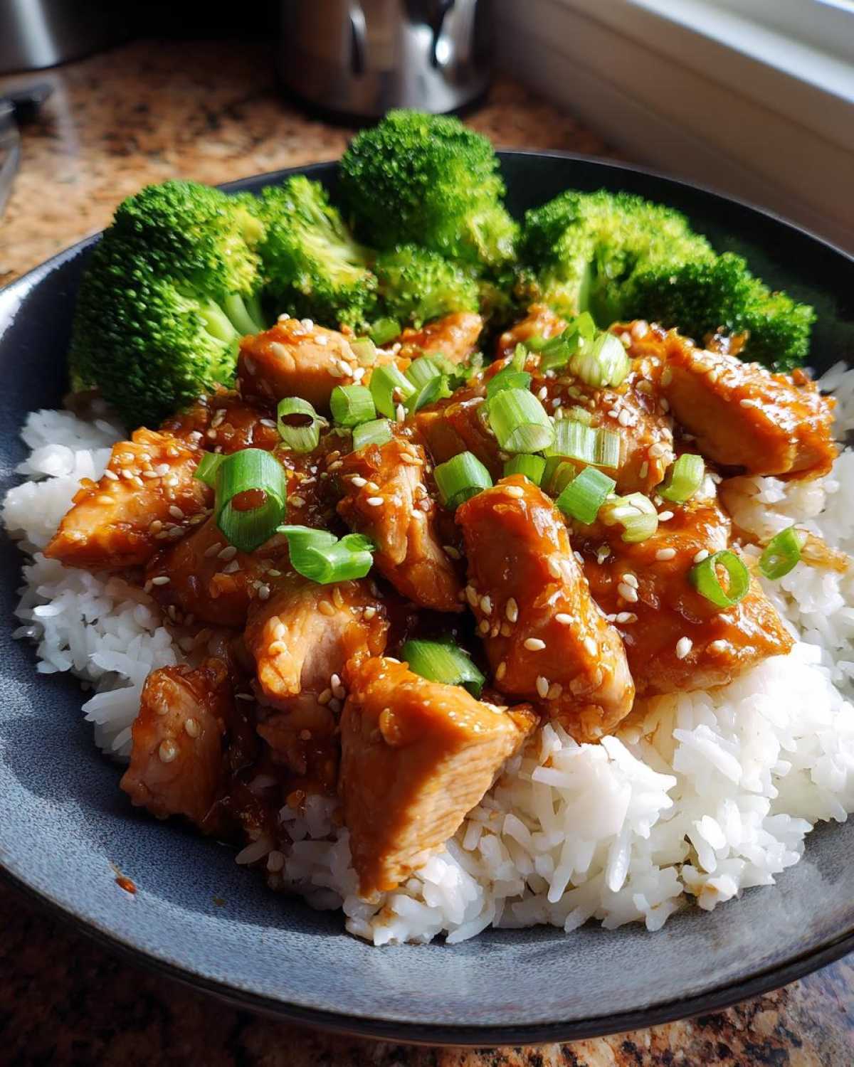 A close-up of a Honey Soy Chicken Bowl featuring glazed chicken pieces over white rice, topped with sesame seeds and green onions, served with steamed broccoli.