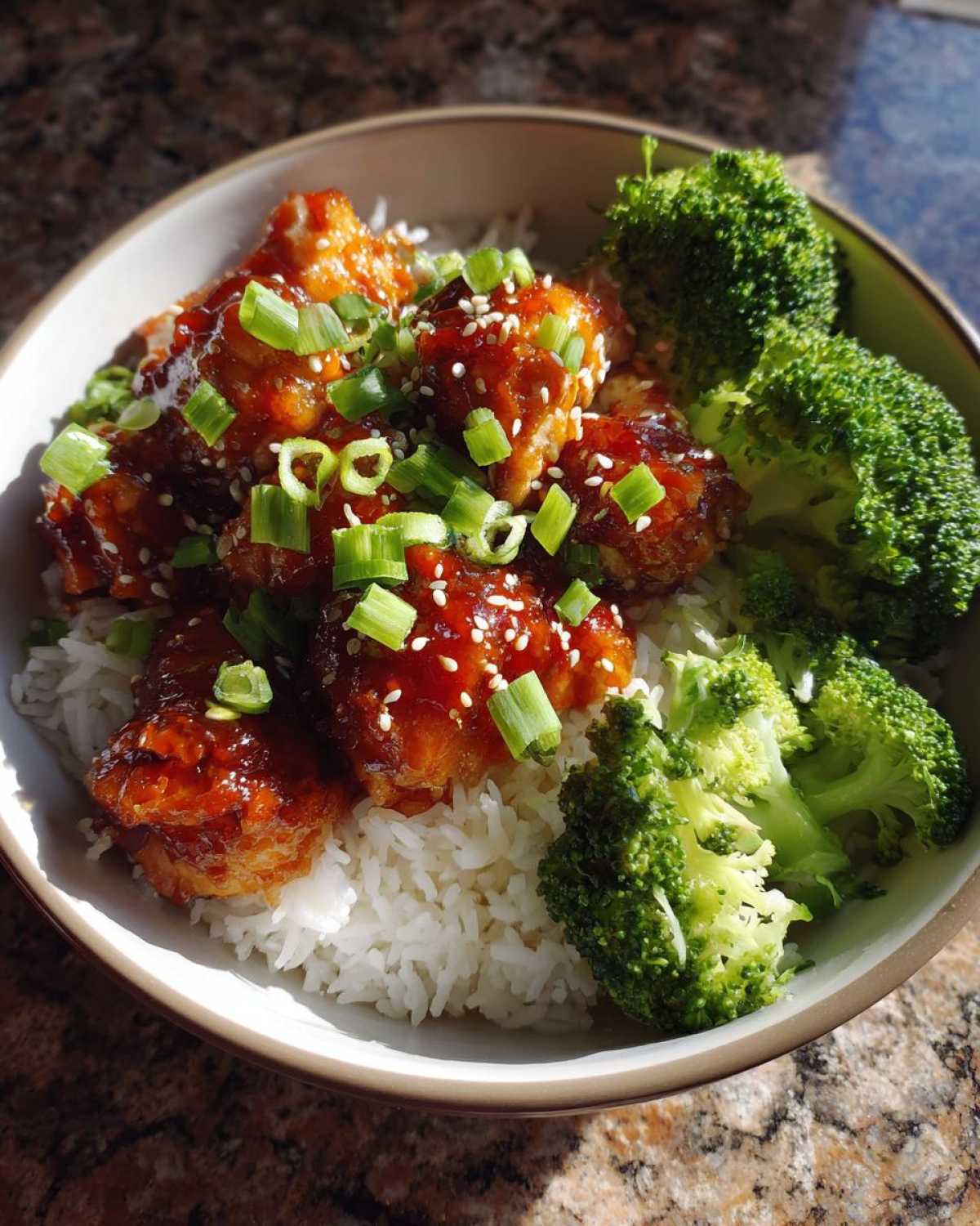 Close-up of a Honey Soy Chicken Bowl Quick Dinner Idea featuring glazed chicken pieces over white rice with steamed broccoli and green onions.