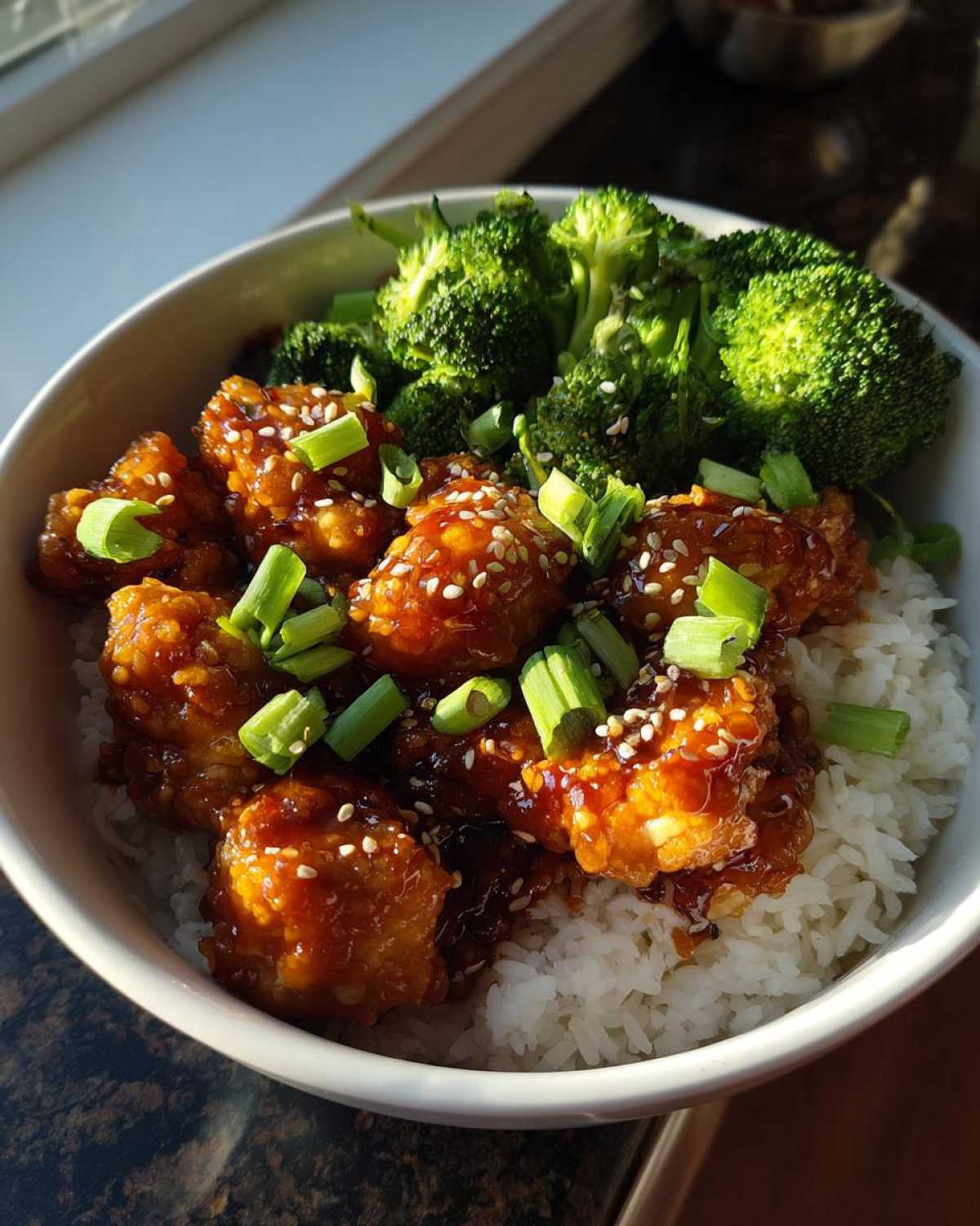 Close-up of a Honey Soy Chicken Bowl Quick Dinner Idea featuring glazed chicken pieces over white rice with steamed broccoli.