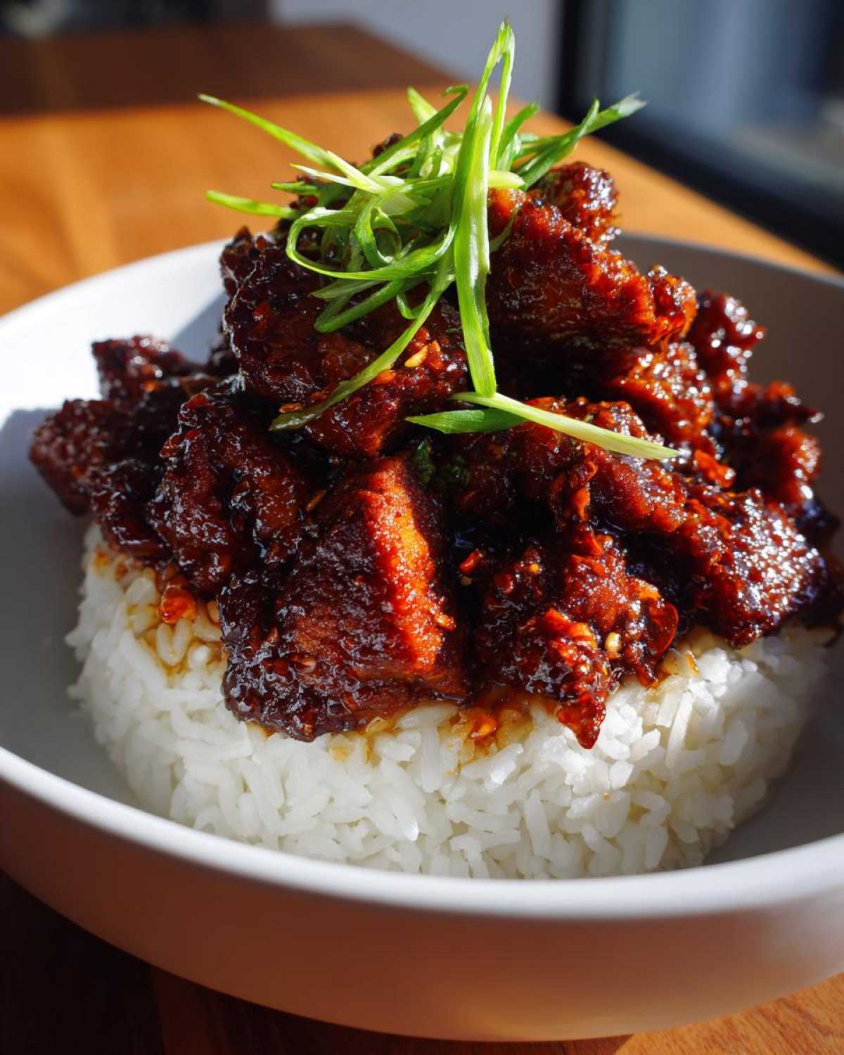 Close-up of Honey Soy Garlic Chicken pieces coated in a dark, glossy sauce served over a mound of white rice, topped with green onions.