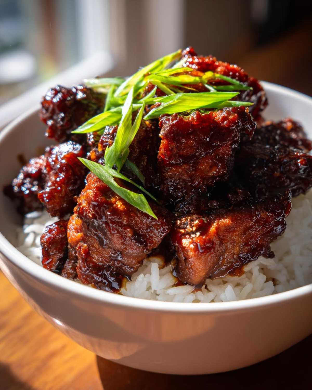 Close-up of glazed Honey Soy Garlic Chicken pieces served over fluffy white rice and topped with sliced green onions.