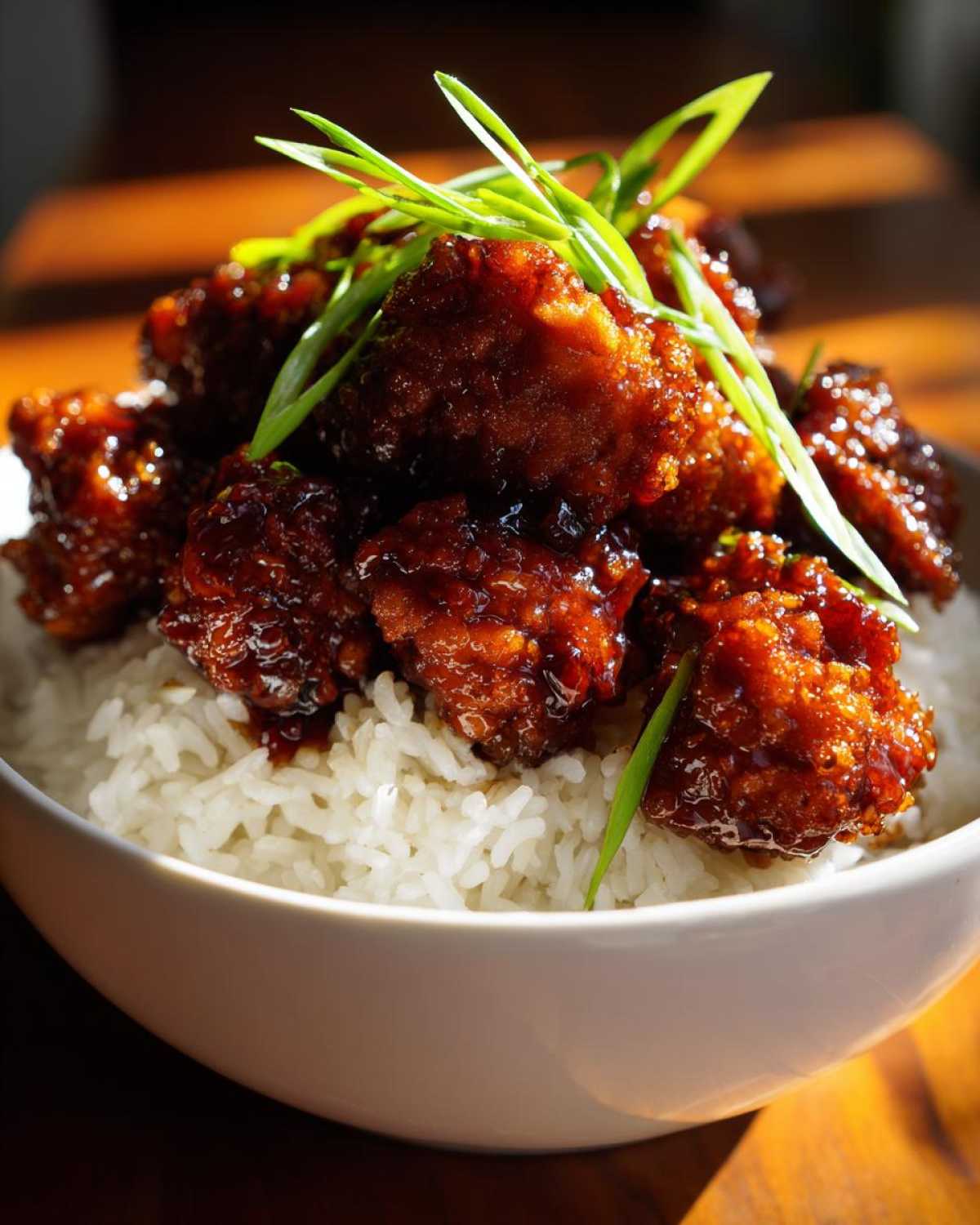 Close-up of glistening Honey Soy Garlic Chicken pieces served over a bed of white rice and topped with fresh green onions.