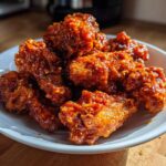 A pile of crispy oven baked Honey Sriracha Chicken Wings coated in a thick, glossy, reddish-orange glaze.