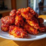 A close-up of crispy oven baked Honey Sriracha Chicken Wings piled high on a white plate.