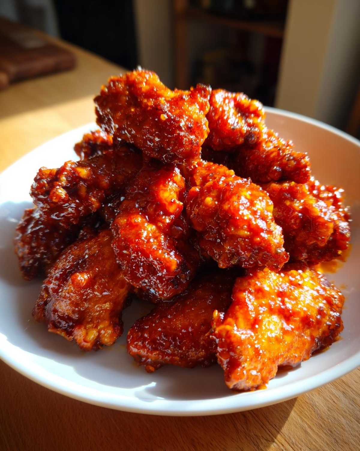 A pile of glistening, crispy oven baked Honey Sriracha Chicken Wings coated in a thick, spicy-sweet glaze.