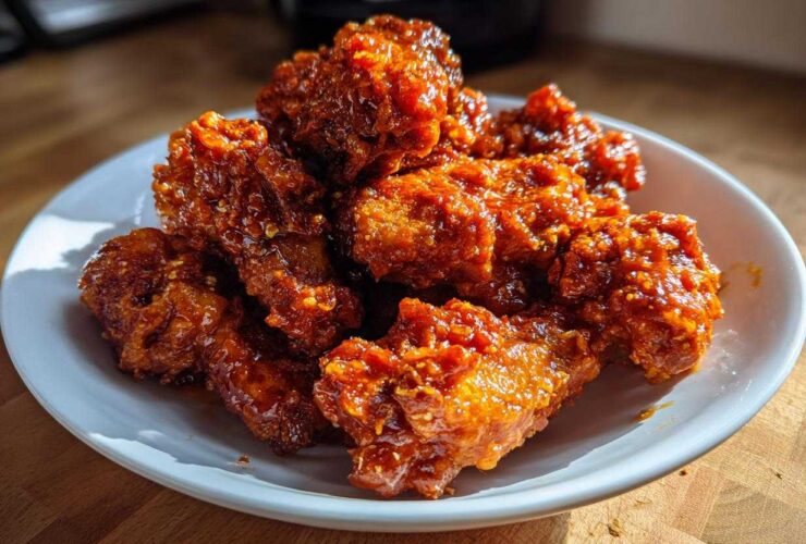 A pile of crispy oven baked Honey Sriracha Chicken Wings coated in a thick, glossy, reddish-orange glaze.