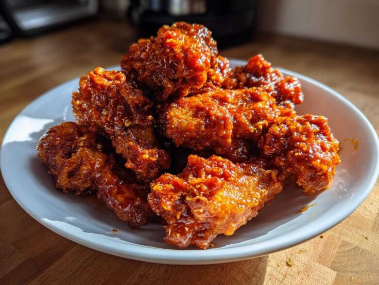 A pile of crispy oven baked Honey Sriracha Chicken Wings coated in a thick, glossy, reddish-orange glaze.
