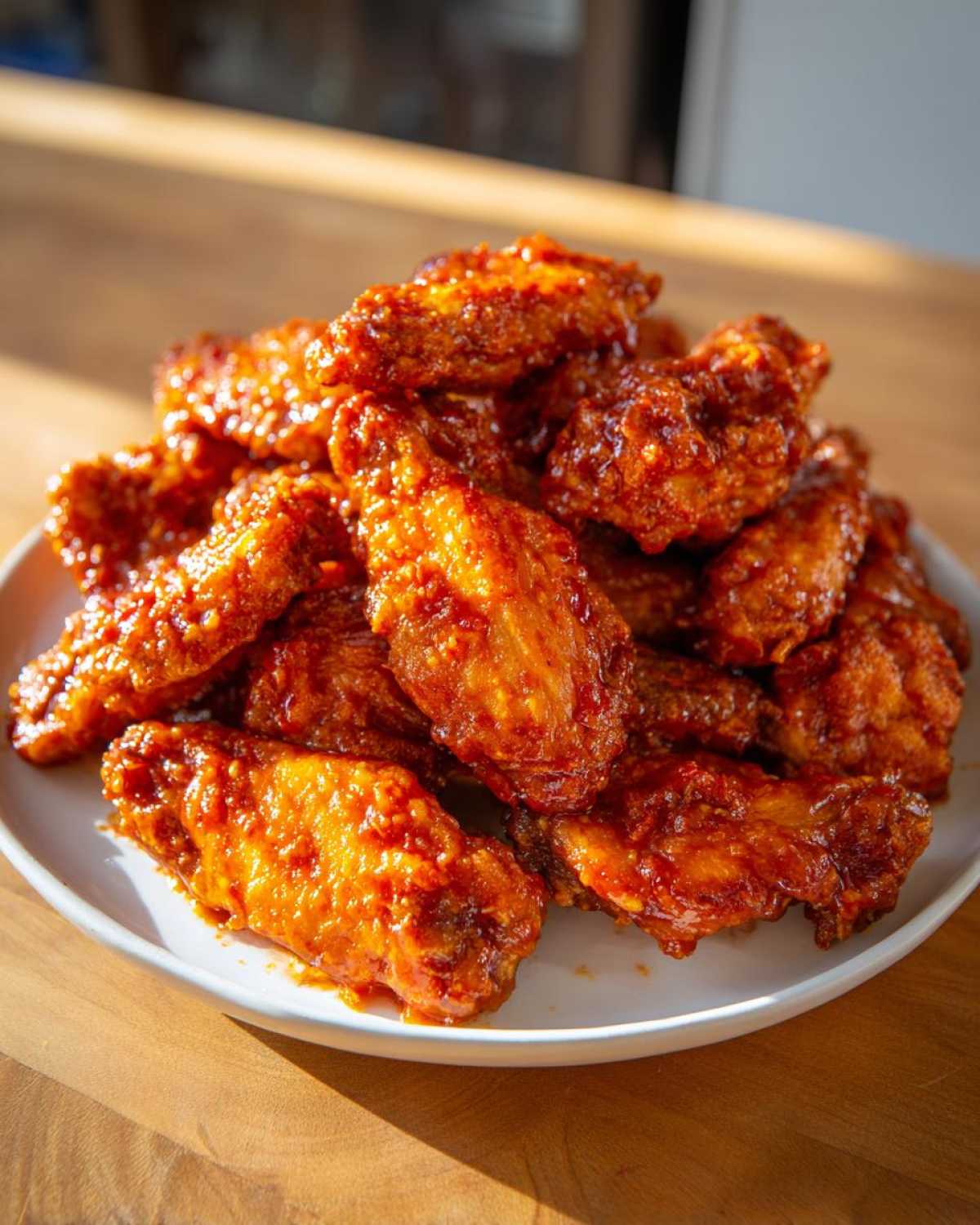 A large pile of crispy oven baked Honey Sriracha Chicken Wings coated in a thick, glossy red sauce on a white plate.