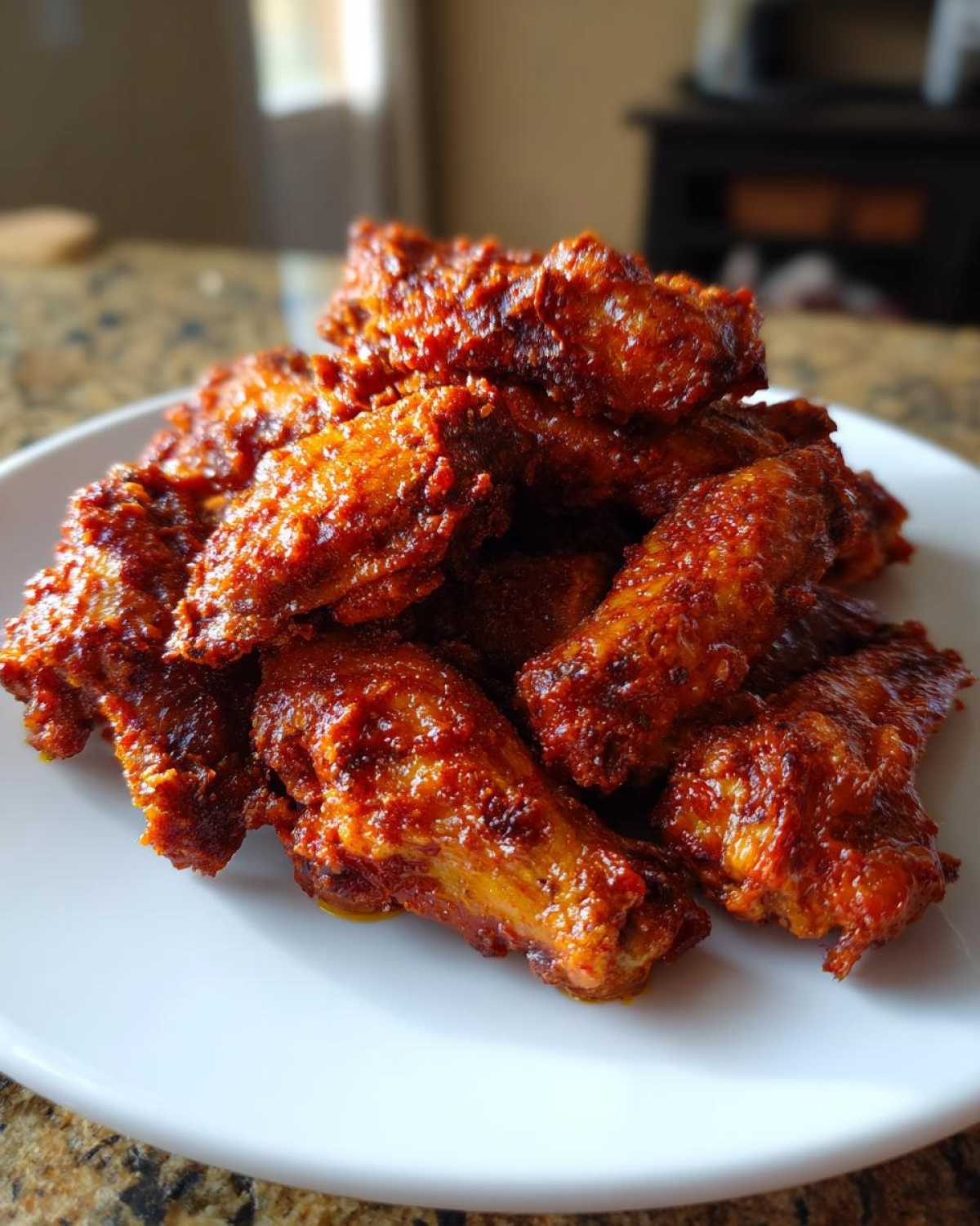 A pile of glossy, red-glazed Honey Sriracha Chicken Wings Crispy Oven Baked stacked on a white plate.