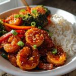 Close-up of a Honey Sriracha Shrimp Bowl featuring glazed shrimp, white rice, broccoli, and carrots, garnished with sesame seeds.