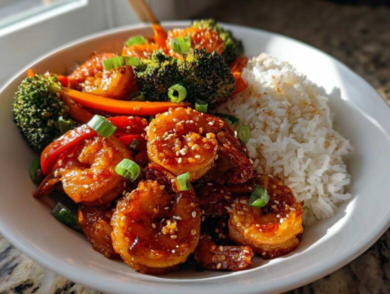 Close-up of a Honey Sriracha Shrimp Bowl featuring glazed shrimp, white rice, broccoli, and carrots, garnished with sesame seeds.