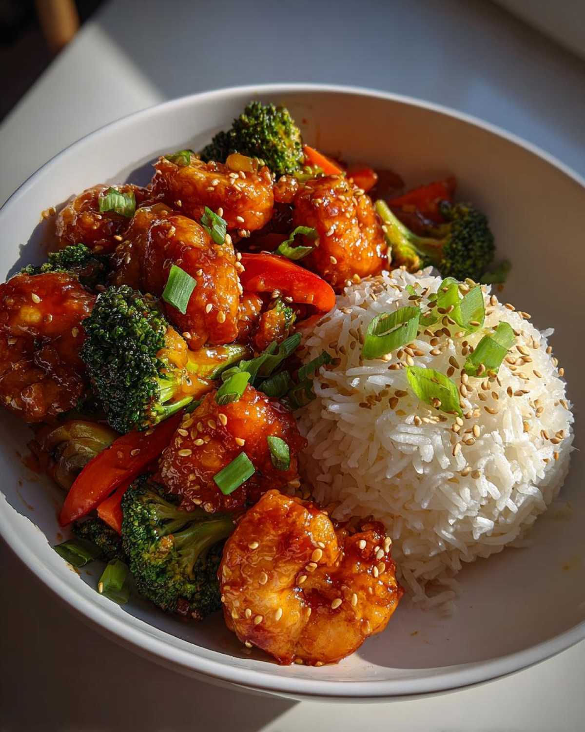 A close-up of a Honey Sriracha Shrimp Bowl featuring glazed shrimp, broccoli, and a mound of white rice topped with sesame seeds.