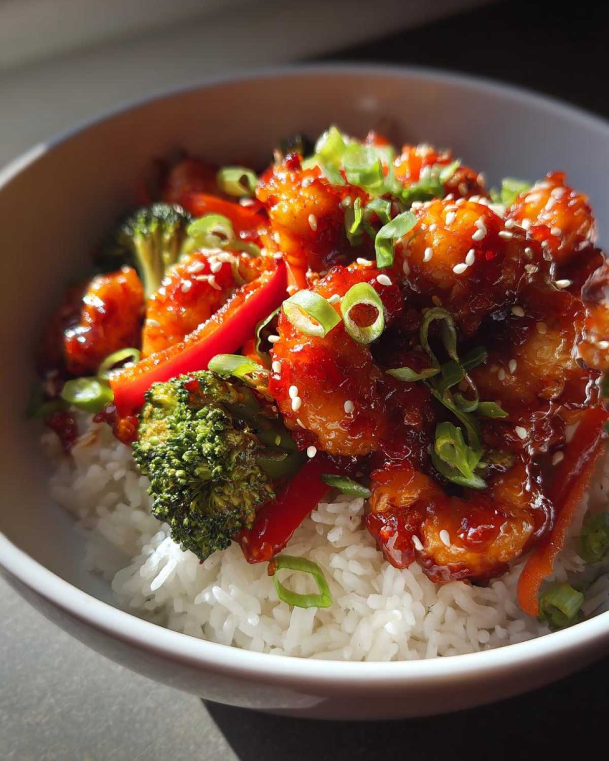 Close-up of a Honey Sriracha Shrimp Bowl with rice, broccoli, red peppers, and green onions.