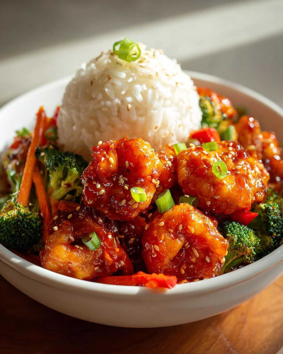 Close-up of a Honey Sriracha Shrimp Bowl featuring glazed shrimp, steamed rice, broccoli, and carrots.
